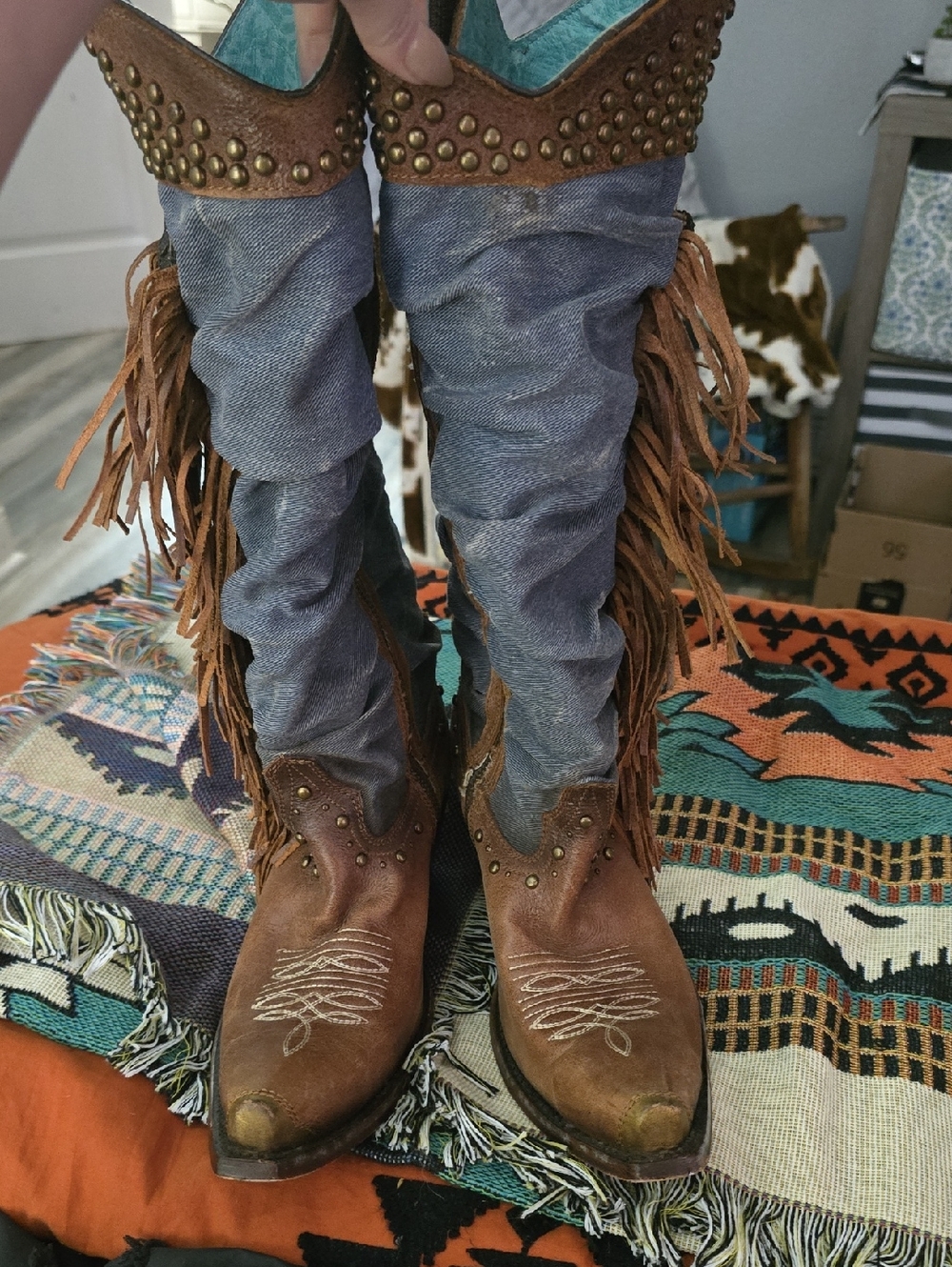 Rust Brown Fringe Studded Women’s Heeled Cowboy Boots
